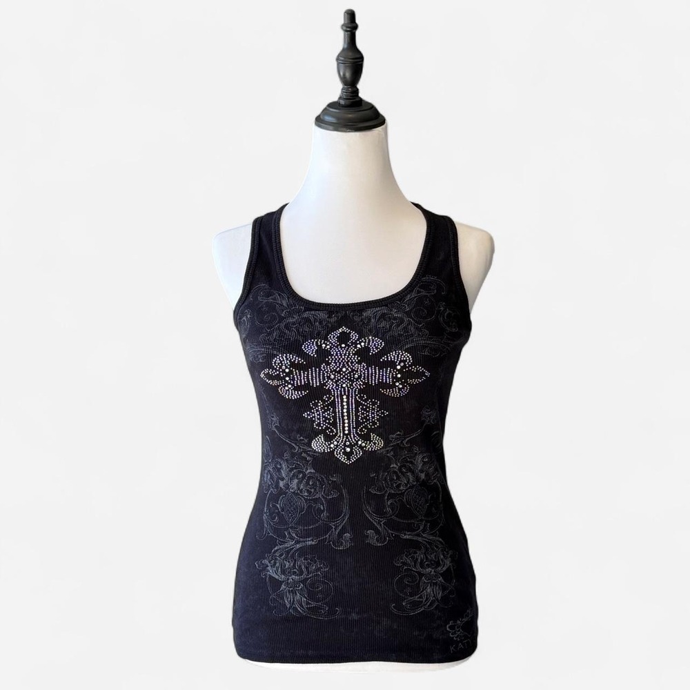 Vintage Katydid Y2K Rhinestone Cross Ribbed Tank Top Black Medium McBling